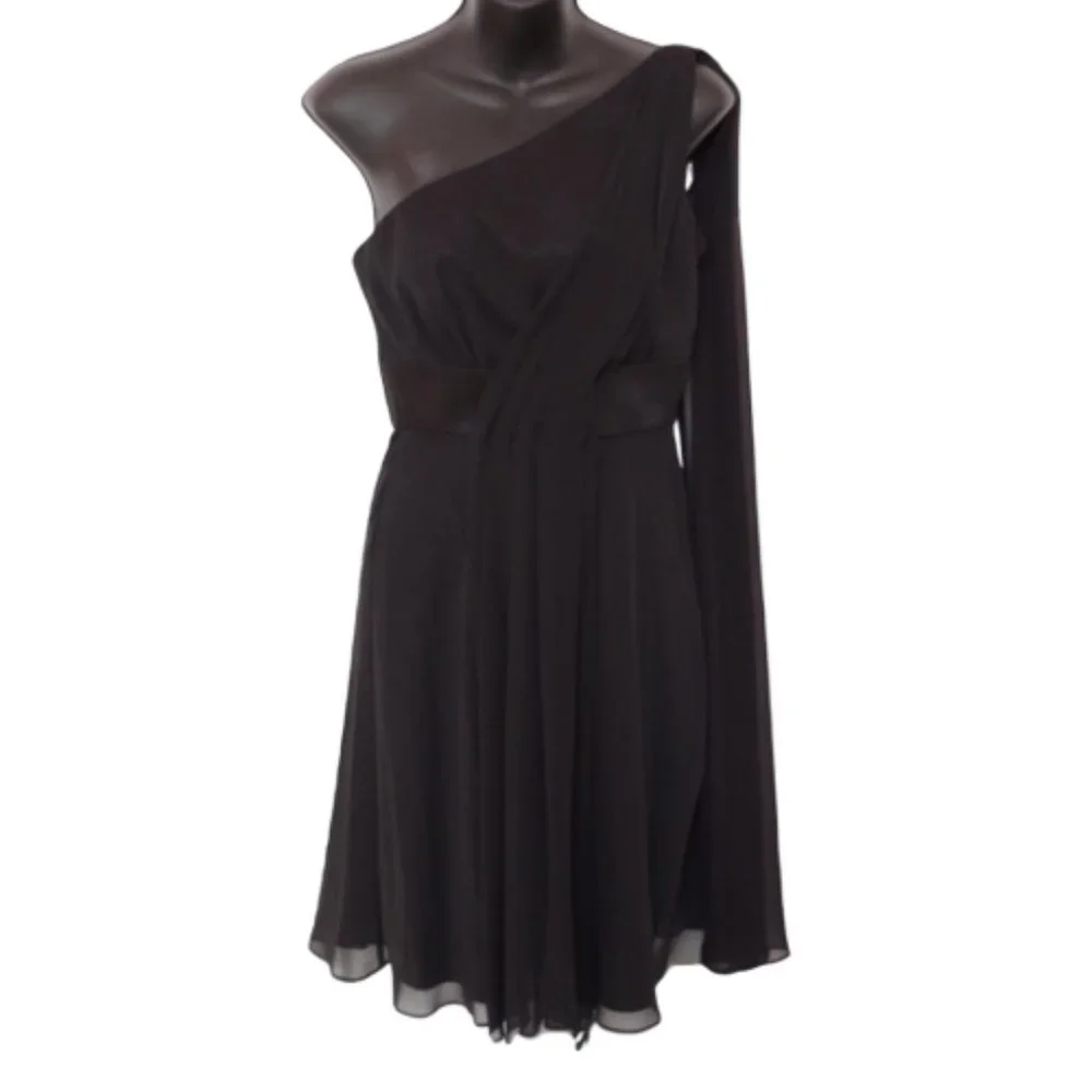 White House/Black Market 1 Shoulder Black Chiffon Cocktail Dress NEW- Sz. 2 - Picture 2 of 5
